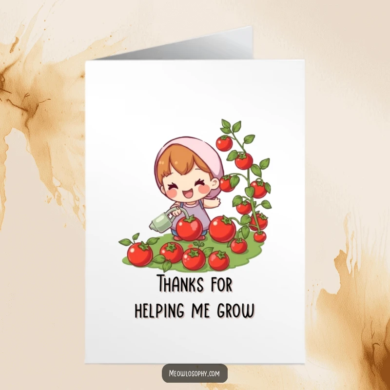 Funny Free Printable Thank You Card: Joyful character watering plump, red tomatoes, a fresh downloadable way to say thanks.