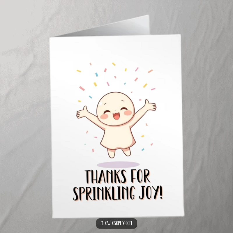 Joyful Free Printable Thank You Card: Character twirling under confetti, arms outstretched in a happy thank you gesture.