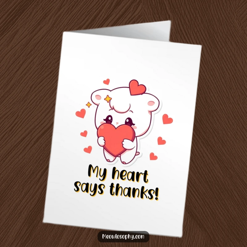 Funny Free Printable Thank You Card: a character with star-filled eyes holding a large red heart, conveying sincere thanks.
