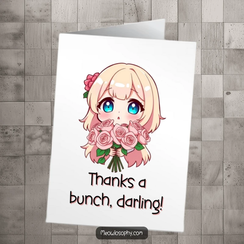 Funny Free Printable Thank You Card: Character with wide eyes holding a sparkling rose bouquet, expressing thanks.