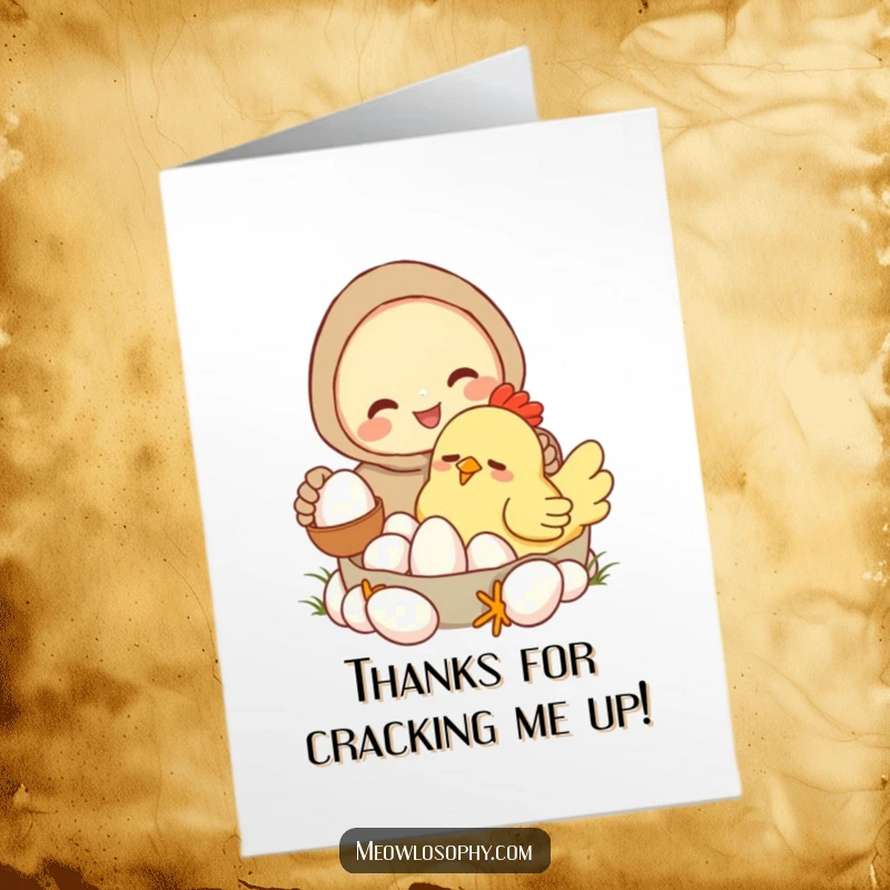 Funny Free Printable Thank You Card: Character gathering eggs from a tired chicken, a humorous way to express gratitude downloadable.