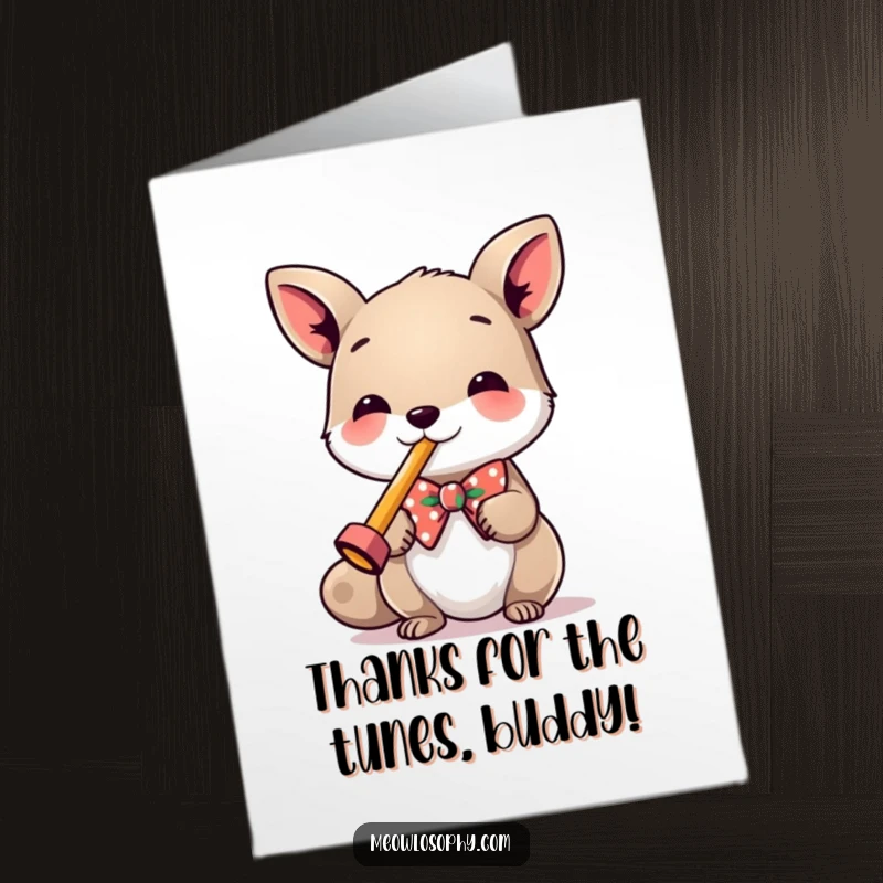 Funny Free Printable Thank You Card: Charming animal in a bowtie excitedly plays a kazoo saying thanks.