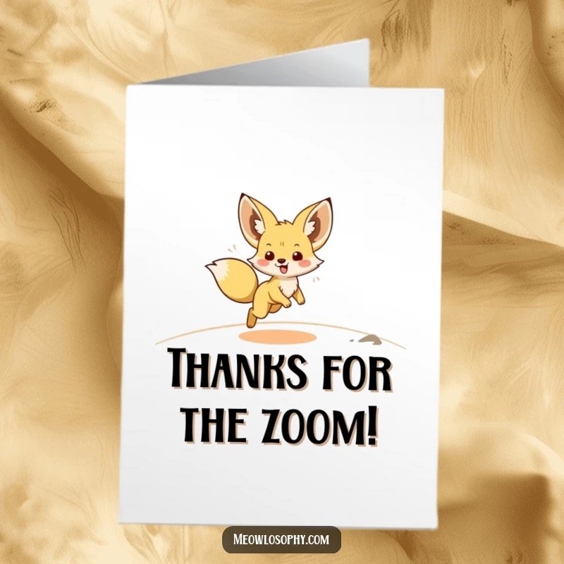 Funny Free Printable Fennec Fox Thank You Card: Happy fox zooming across sand. Energetic downloadable art.