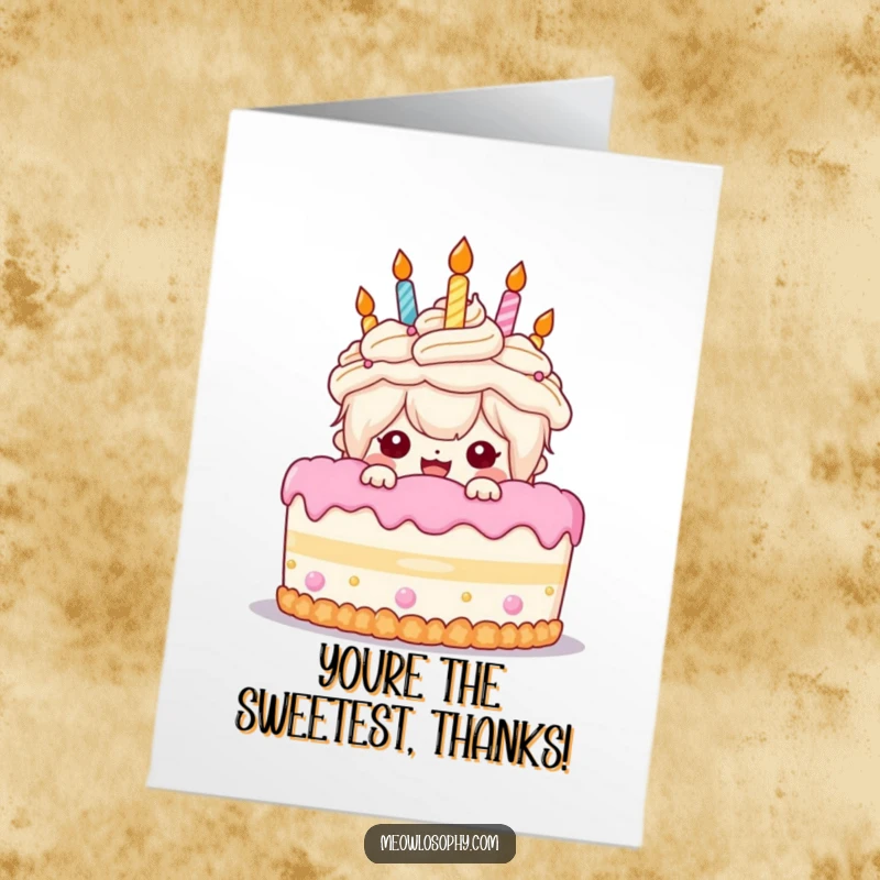 Funny Free Printable Thank You Card of a character peeking gleefully from behind a giant cake, downloadable.