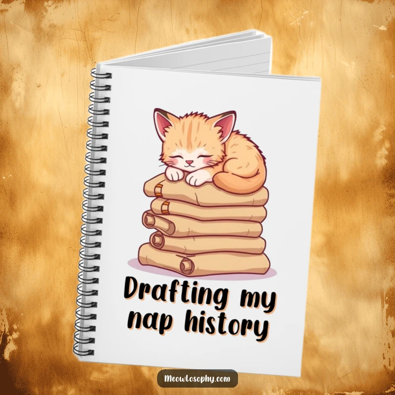 Funny sleepy kitten notebook, featuring a cute cat napping on ancient scrolls, ideal for journaling and peaceful reflection.