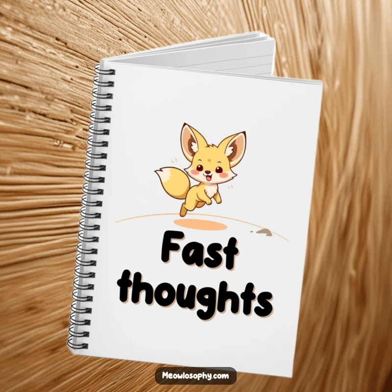 Funny Fennec Fox Notebook shows a cute fox with ears back, mid-zoomie across sand, symbolizing the excitement of capturing quick ideas.