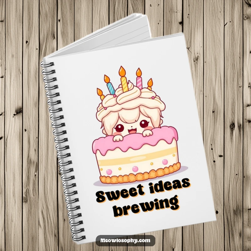 Funny Birthday Cake Notebook: A kawaii character peeks from behind a birthday cake, ideal for writing down wishes and ideas.