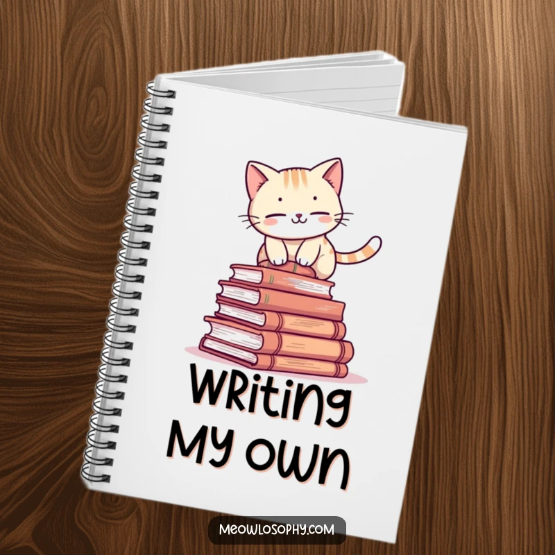 Funny cat notebook with an adorable character attempting to balance on a stack of ancient books, humorous stationery for journaling.