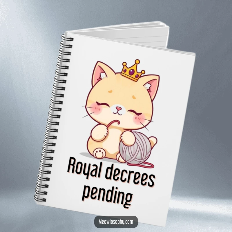 Funny cat notebook with a cute character wearing a tiny crown, thoughtfully staring at a yarn ball, humorous stationery for journaling.