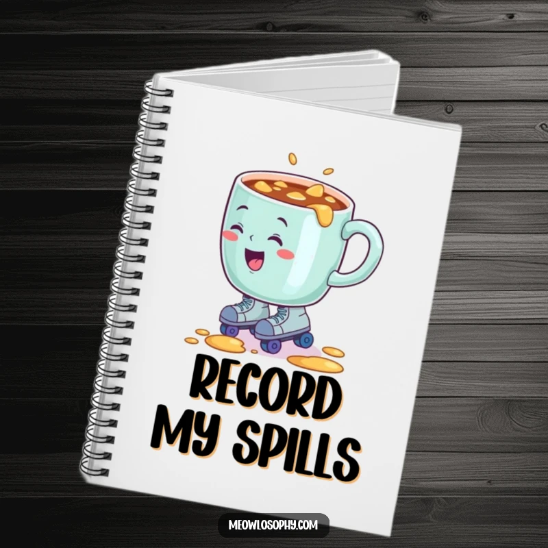 Funny notebook cover: sentient coffee mug comically spilling contents while wearing tiny roller skates.