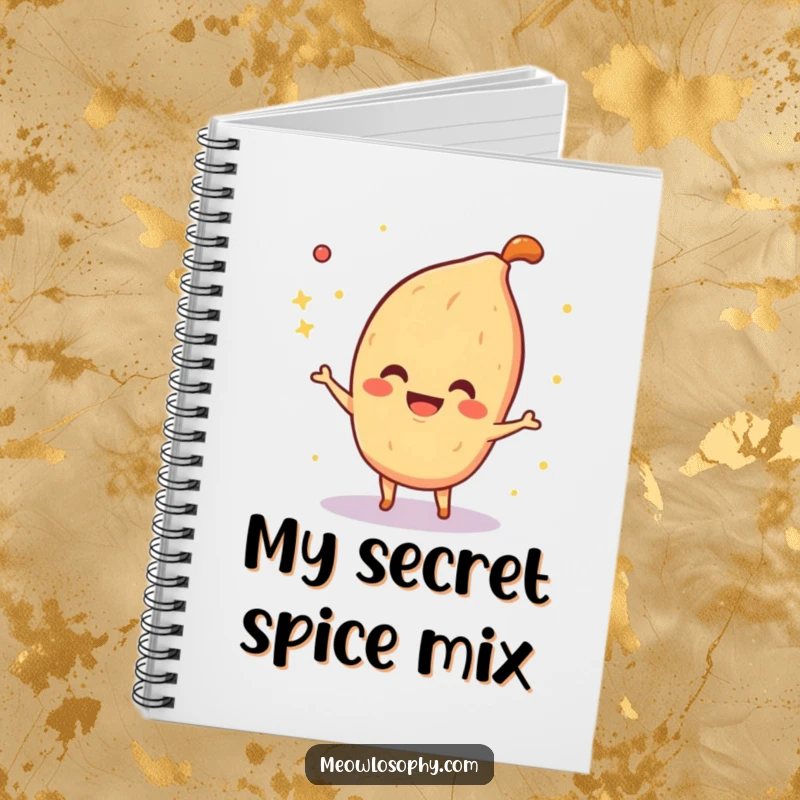 Funny Notebook with a smiling fajita spice character playfully sprinkling sparkles, ideal for jotting down notes with culinary flair.