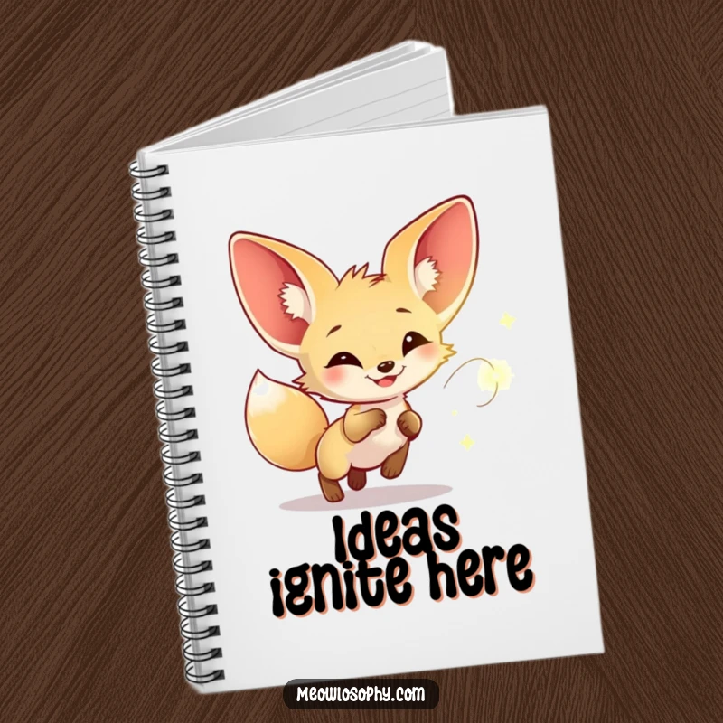 Funny notebook with a fennec fox character joyfully chasing a firefly, perfect for writing down dreams and creative ideas.