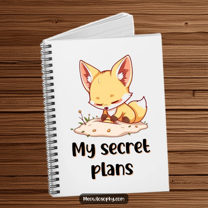 Funny Fennec Fox Notebook illustration of a cute fox with large ears, burying a small, shiny object, symbolizing the excitement of capturing ideas.