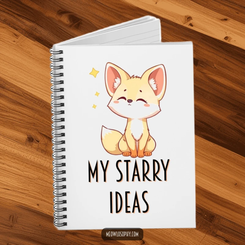 Funny Fennec Fox Notebook shows a cute fox with ears tilted, observing a shooting star with wide, curious eyes, ready to capture your ideas.