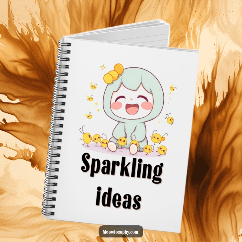 Funny Notebook with a cute character laughing joyfully with tiny, dancing fireflies, perfect for enchanted notes.