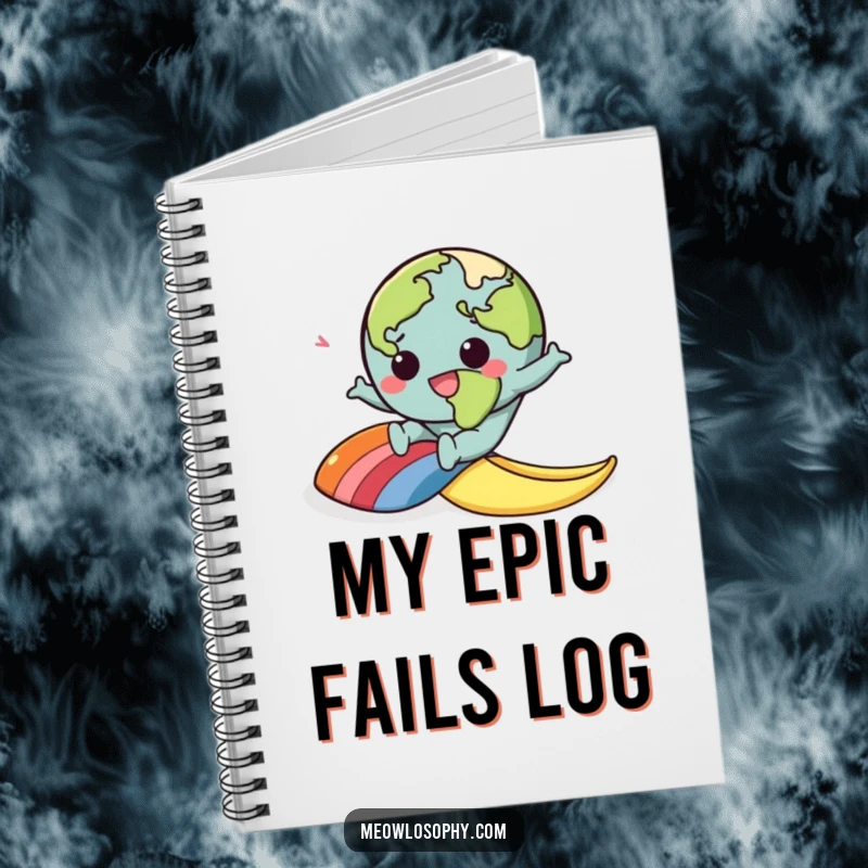 Funny notebook with a kawaii earth character comically slipping on a rainbow banana peel, perfect for journaling or notes.