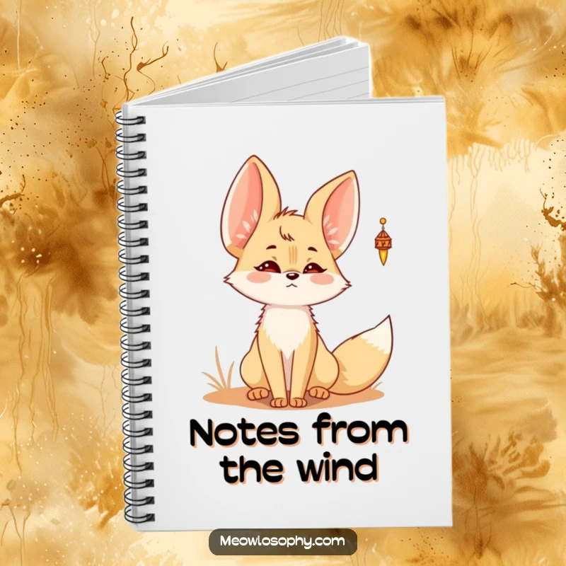 Funny Kawaii Fennec fox notebook featuring a cute fennec fox with twitching ears, listening to a distant desert wind chime.