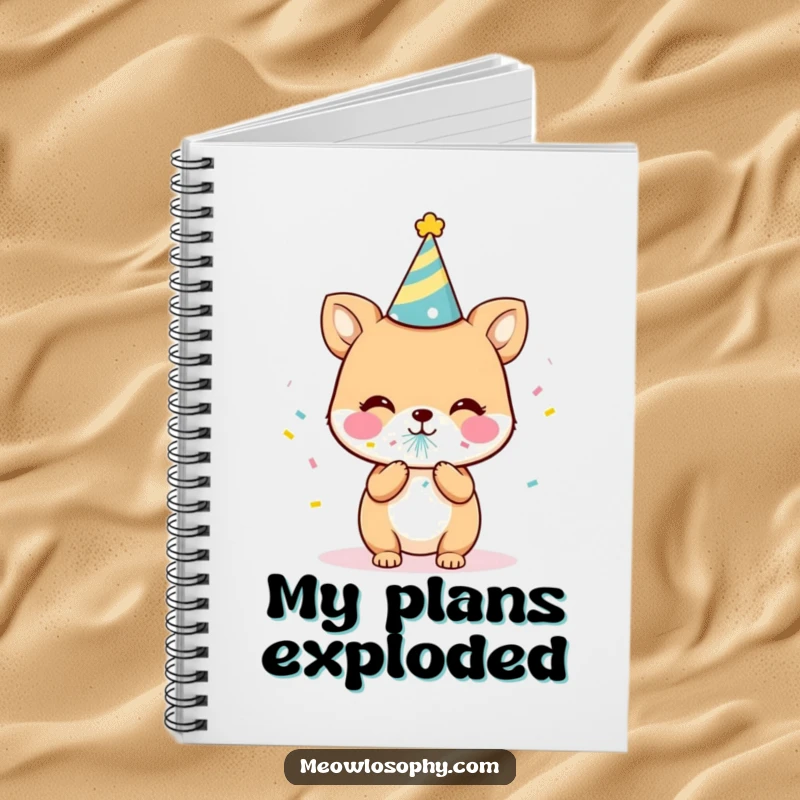 Funny Party Animal Notebook featuring a cute character in a party hat, blowing confetti. A humorous and useful item for notes.