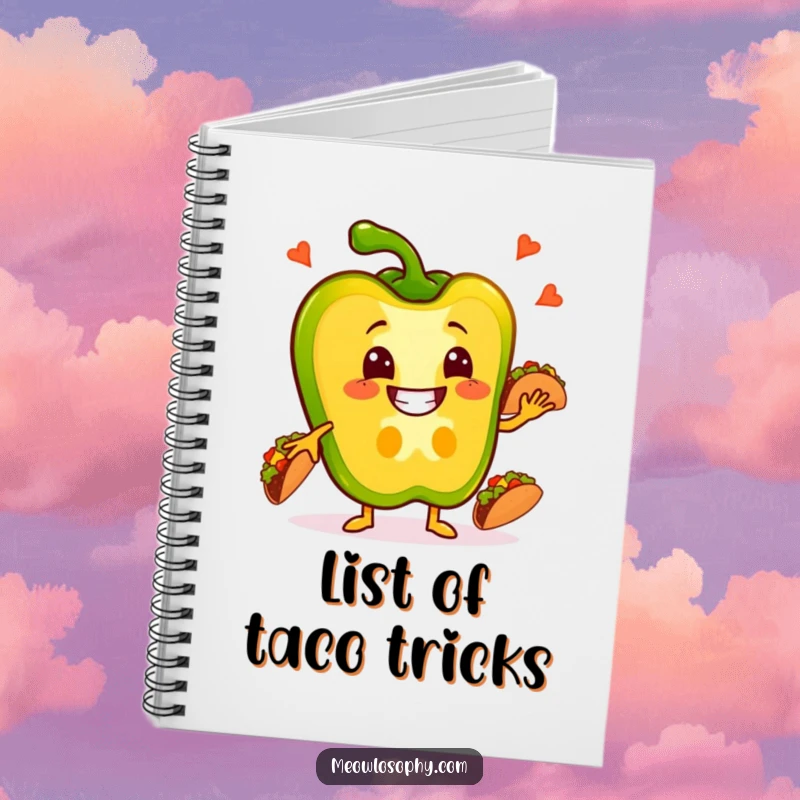 Funny Pepper Notebook featuring a grinning bell pepper slice juggling tacos, ideal for writing.