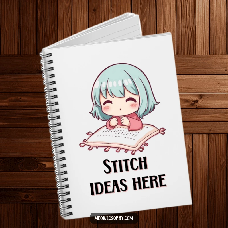 Funny adorable character stitching a small quilt with focused delight, on the cover of a cute notebook.