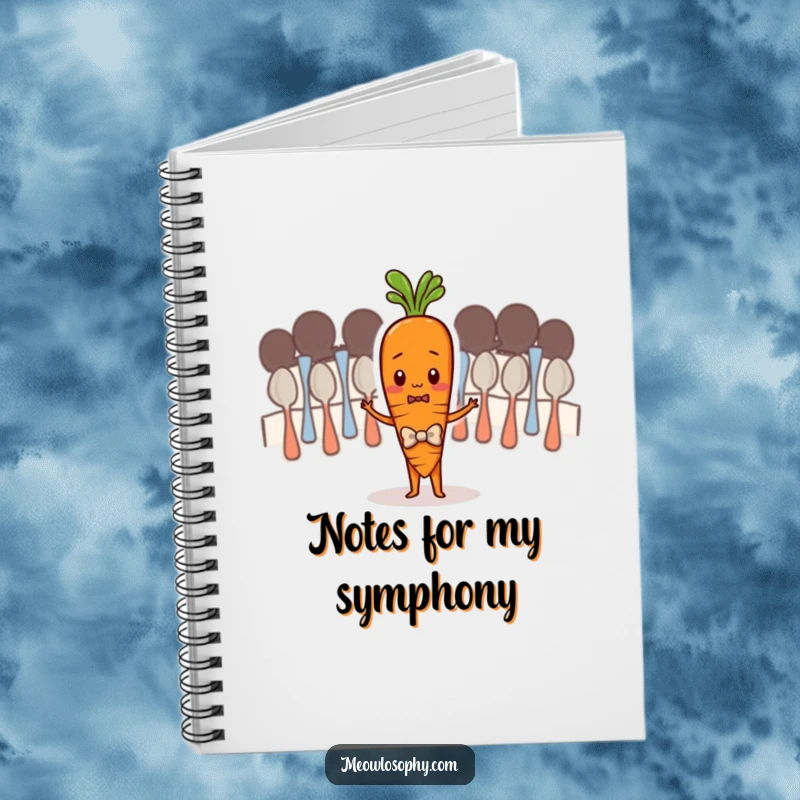 Funny notebook with a shy carrot in a bowtie conducting a spoon orchestra, perfect for note-taking with a humorous musical theme.