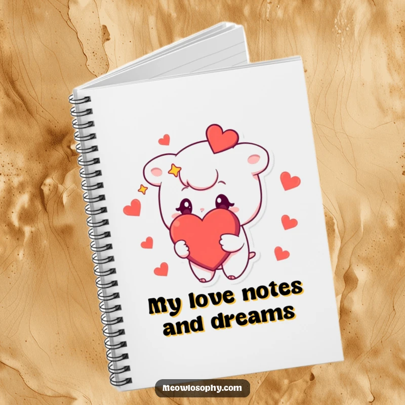 Funny notebook with a cute character with stars in its eyes, holding a big, red heart, perfect for jotting down loving thoughts.