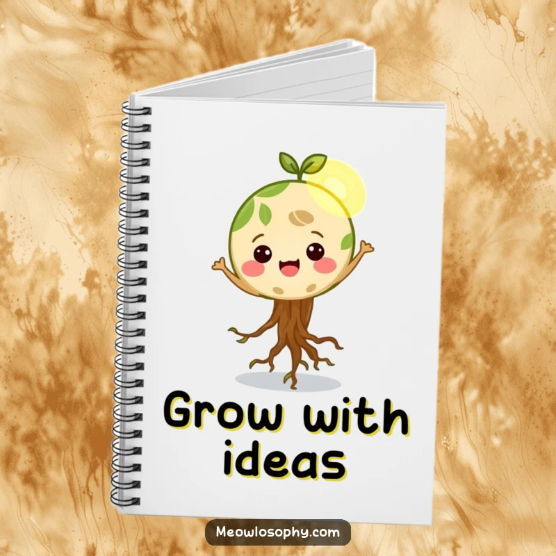 Funny Happy Earth character with roots wiggling, dancing in a sunbeam, a notebook for jotting down environmental ideas and notes.