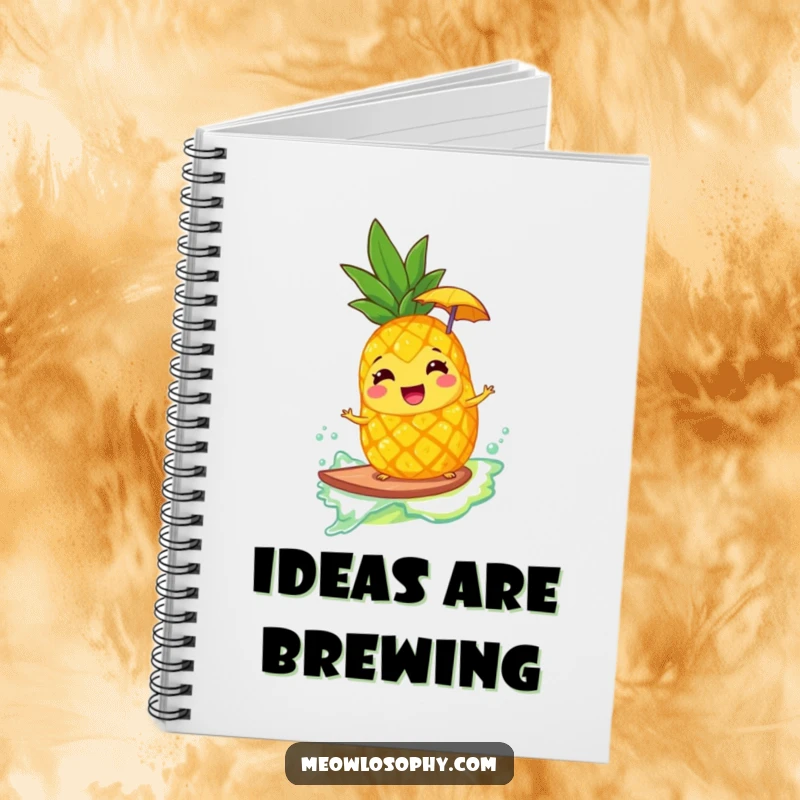 Funny notebook with a giggling pineapple wearing an umbrella, surfing a lemonade wave, perfect for jotting down creative tropical thoughts.