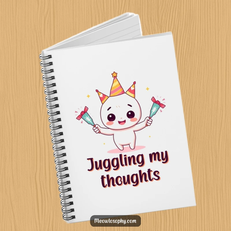 Funny Adorable Juggler Notebook featuring a character juggling sparkling party crackers. A humorous and useful item for notes.