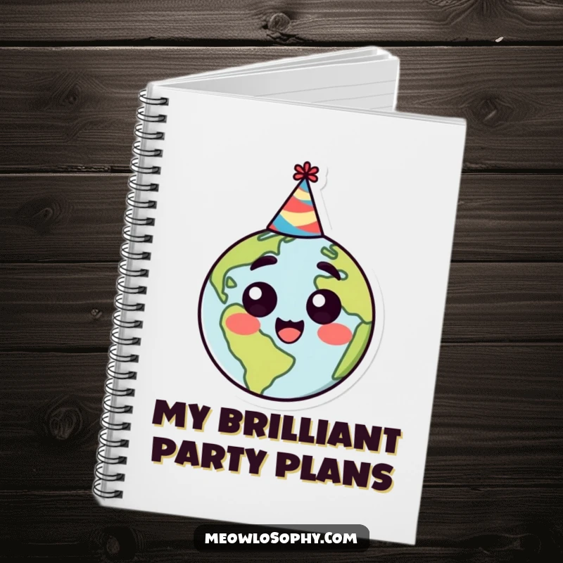 Funny notebook with a stylized earth character wearing a party hat, smiling with happy surprise, perfect for journaling or notes.