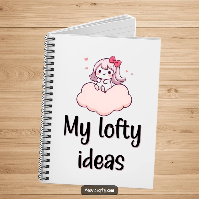 Funny notebook with a kawaii character joyfully riding on a cloud shaped like a heart, perfect for jotting down happy thoughts.
