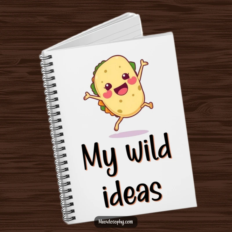 Funny Tortilla Notebook featuring a joyful tortilla character doing a cartwheel with a flourish, ideal for writing.