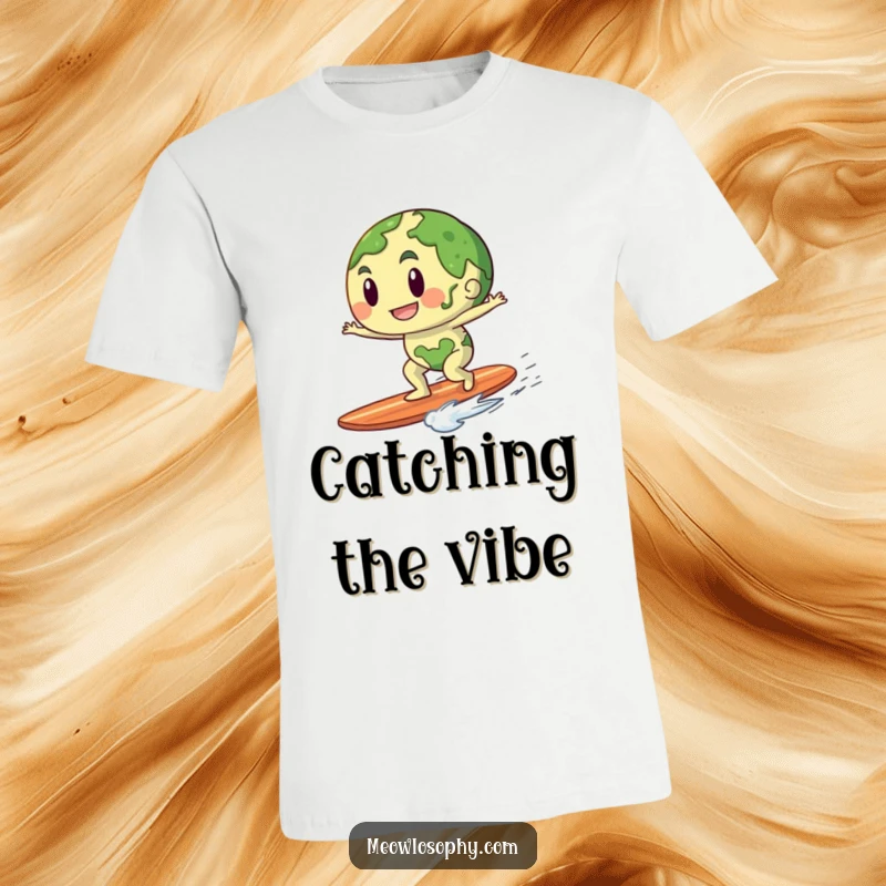 Funny t-shirt depicting an anthropomorphic earth character playfully riding a gentle breeze like a surfboard with a cheerful expression.