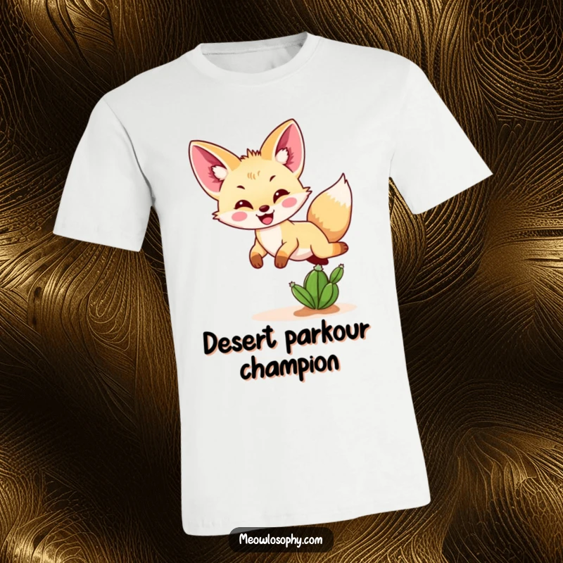 Funny Fennec fox t-shirt featuring a joyful fennec fox mid-air, happily jumping over a small cactus in a desert scene.