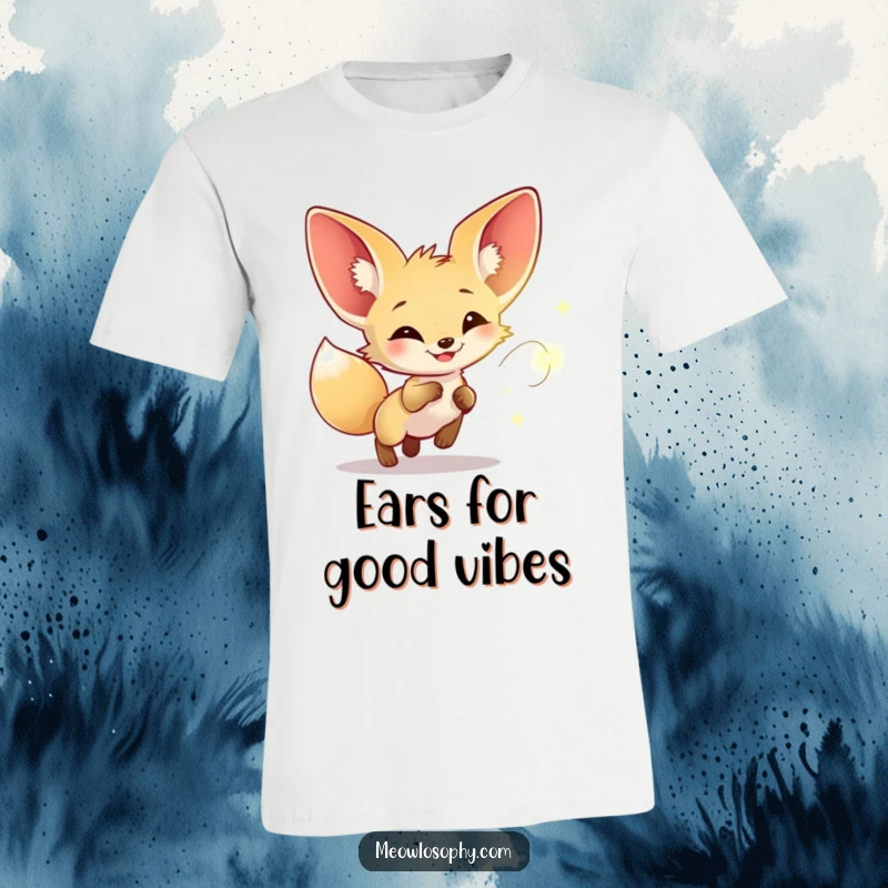 Funny t-shirt showing a fennec fox with huge ears joyfully pursuing a glowing firefly in the dark, capturing a magical scene.
