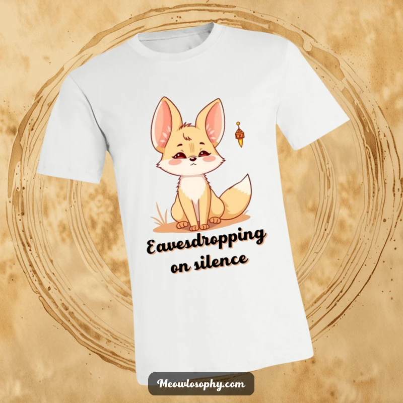 Funny Kawaii Fennec fox t-shirt featuring a cute fennec fox with perked ears, intently listening for a desert wind chime sound.