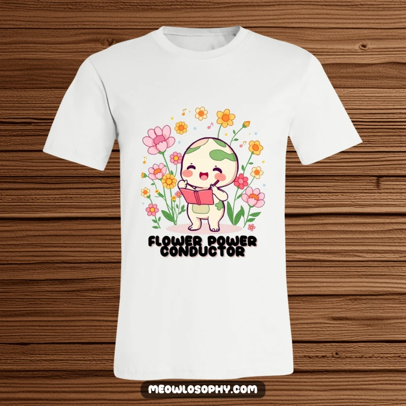 Funny t-shirt featuring a cute earth character enthusiastically conducting a symphony of blooming flowers with artistic flair.