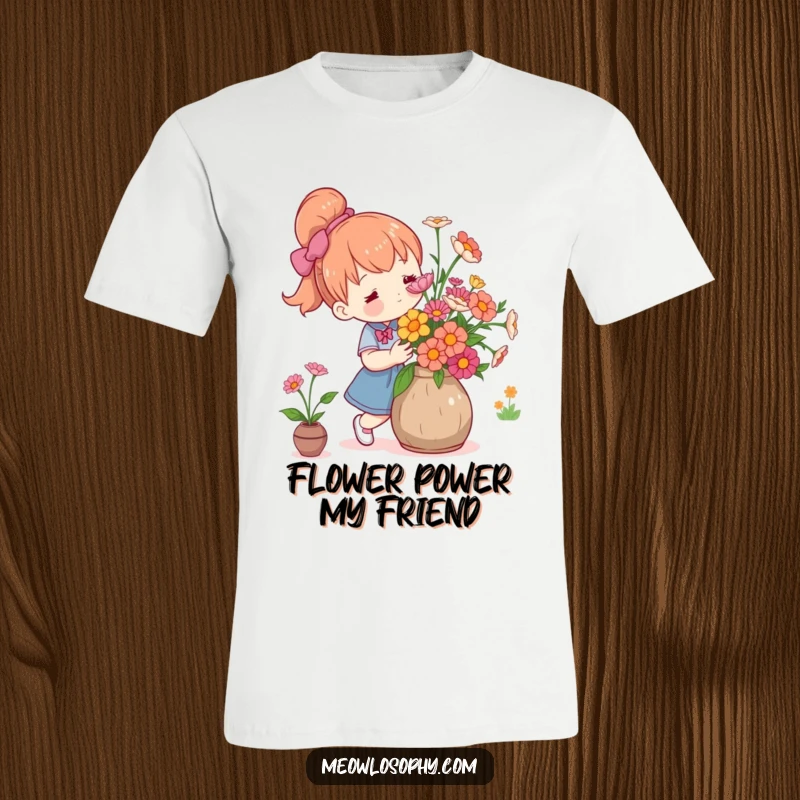 Funny cute character arranging fresh flowers in a rustic vase with care, printed on a soft and breathable t-shirt.