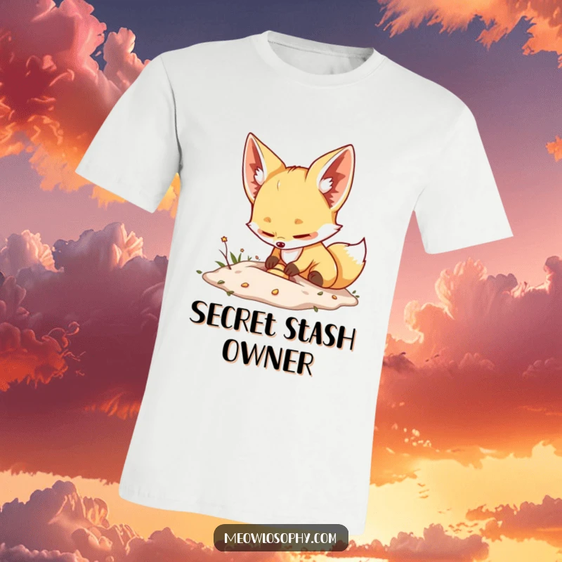 Funny Fennec Fox T-Shirt depicts an adorable fox with large ears, joyfully burying a small, shiny object with intense focus and delight.