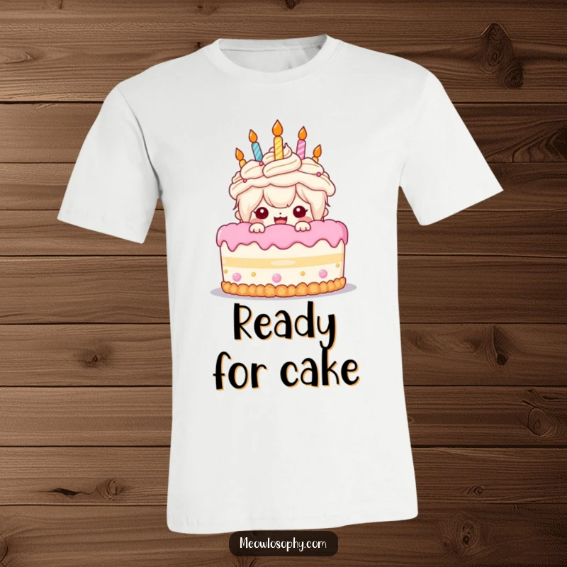 Funny Birthday Cake T-Shirt: A kawaii character peeks with wide, gleeful eyes from behind a massive birthday cake.