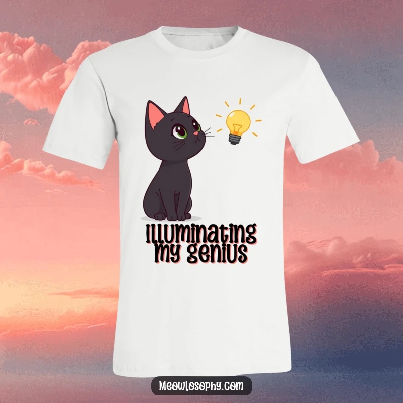 Funny black cat t-shirt, cat staring up at a floating lightbulb icon with wonder, humorous apparel, great gift idea.