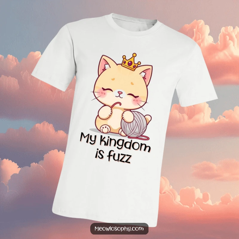 Funny cat t-shirt with a cute character wearing a tiny crown, looking thoughtfully at a yarn ball, humorous pet owner apparel.