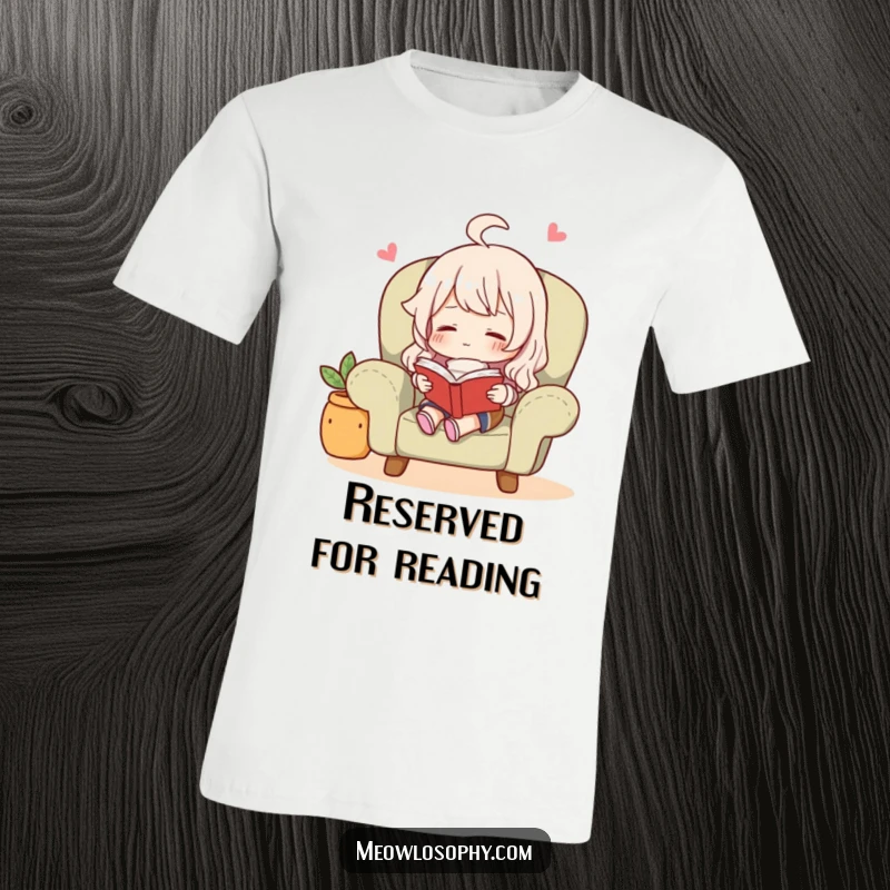 Funny character in a cozy armchair, engrossed in a book with a contented smile, printed on a soft t-shirt.