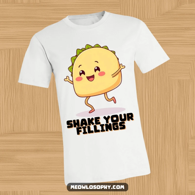 Funny Taco T-Shirt featuring a smiling taco with legs happily doing a little shuffle dance.