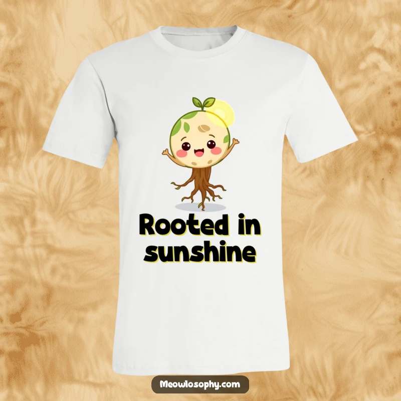 Funny Happy Earth character with roots wiggling, dancing in a sunbeam, an eco-friendly t-shirt celebrating our planet.
