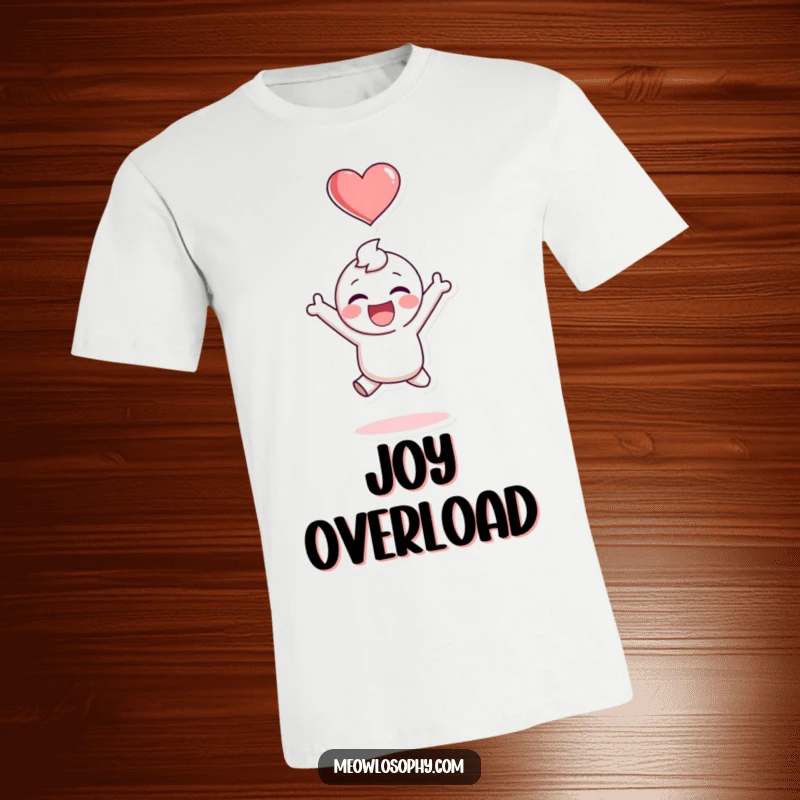 Funny t-shirt depicting an adorable character mid-jump with joy, a heart emblem above, symbolizing pure delight and a wonderful funny gift.