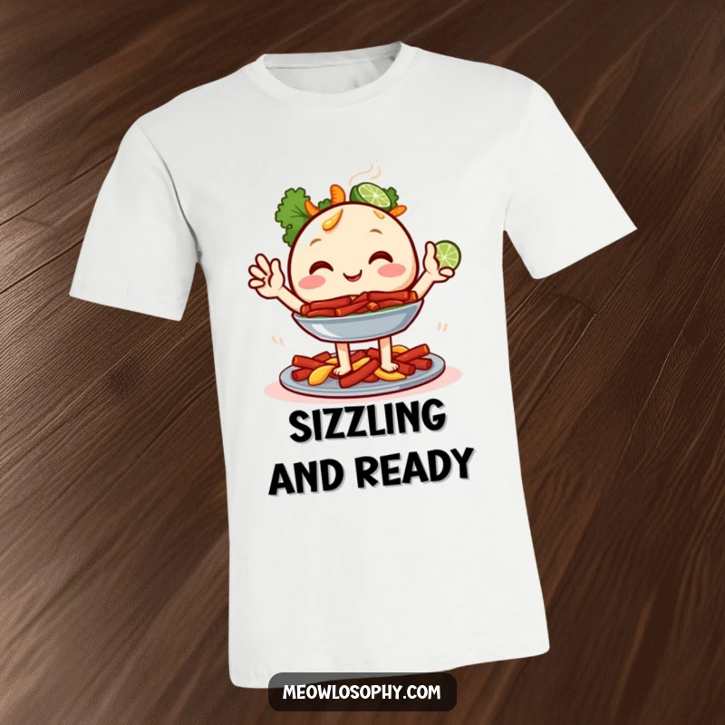 Funny Fajita Platter T-Shirt showing a happy food character with two tiny lime wedges waving enthusiastically, ideal for fiesta lovers.