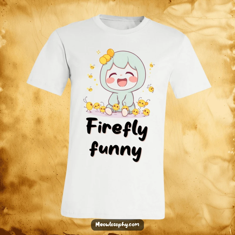 Funny T-Shirt depicting a cute character sharing a joyful laugh with tiny, animated fireflies dancing around them.