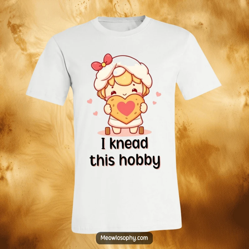 Funny kawaii character joyfully baking a small, heart-shaped loaf of bread, printed on a soft t-shirt.