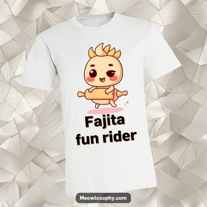 Funny Kawaii Fajita T-Shirt showing a cute fajita filling winking while riding a miniature rolling pin.
